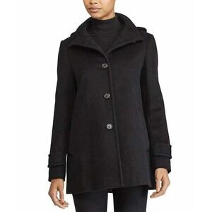 Lauren Ralph Lauren Hooded Walker Peacoat Size L Black Wool Blend Button Front